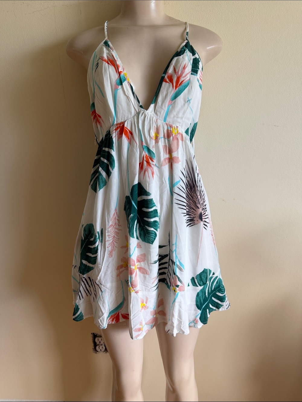 Tropical White Spaghetti Strap Open Back Mini Dress